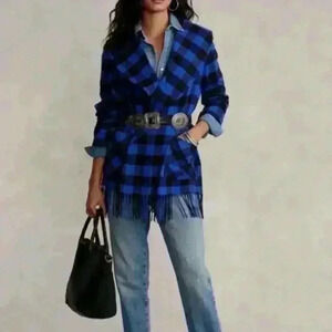 NWT POLO RALPH LAUREN navy blue plaid fringe-edge belted jacket Sz S!